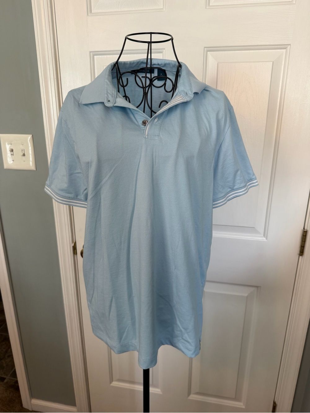Perry Ellis Light Blue Short-Sleeve Polo with Stripe Trim